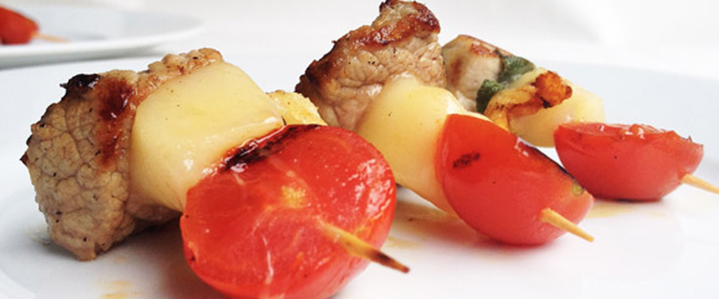 mini veal skewers with sharp provolone Valpadana PDO and happy healthy summery cherry tomatoes